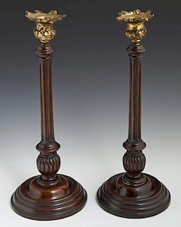 Pair of English Carved Mahogany Columnar Candlesti