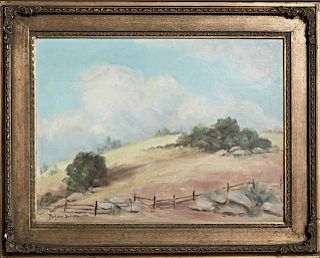 After Porfirio Salinas, "Western Landscape," 20th c., oil on board, signed l.l., presented in a gilt and gesso frame, H.- 11 1/2 in., W.- 15 3/8 in.