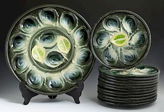 French Majolica Thirteen Piece Oyster Set, 20th c.