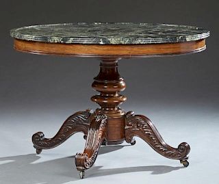 French Carved Walnut Marble Top Center Table, late
