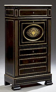 French Boulle Inlaid Ebonized Marble Top Secretair