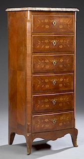 French Louis XV Style Marquetry Inlaid Bombe Marbl
