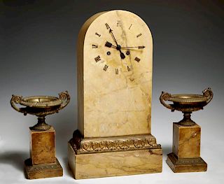 Three Piece Assembled Ocher Marble Clock Set, 19th