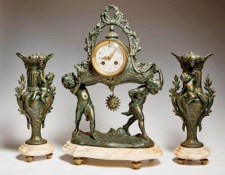 French Three Piece Patinated Spelter and Marble Lo