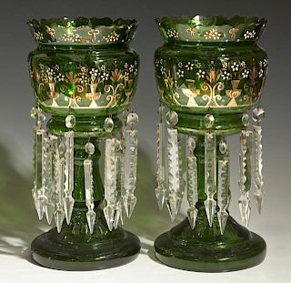 Pair of English Victorian Green Glass Lusters, 19t