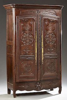French Brittany Carved Oak Armoire, 19th c., the r