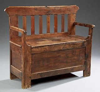 French Provincial Carved Elm Coffer Bench, 19th c.
