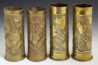 Two Pair of French Brass Trench Art Vases, c. 1918
