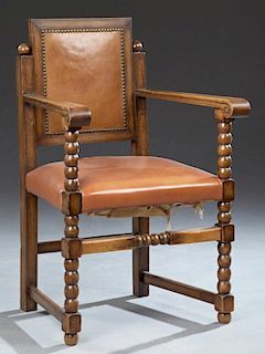 French Arts and Crafts Carved Oak Armchair, early