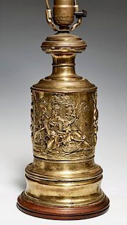 French Brass Canister Lamp, 19th c., with repousse