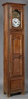 French Carved Oak Tallcase Clock, 19th c., the ste