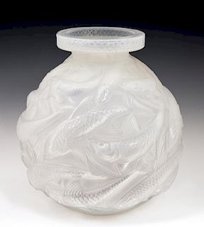 R. Lalique Opalescent Glass "Salmonides" Vase, c.