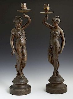 Pair of French Patinated Spelter Lamps, c. 1900, w