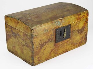 early 19th c dome top box w/ sponge painted decoration, with 3 schoolboy watercolors of fighting & hunting scenes under the lid, 13ﾔ x 8ﾔ x 8ﾔ