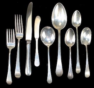 Tuttle sterling silver flatware in "Hannah Hull" pattern. Approximate service for 10 including 10 dinner forks, 10 luncheon forks, 12 teaspoons, 10 cr