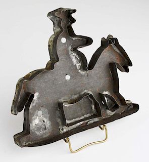 mid 19th c horse & rider tin cookie cutter, probably Pennsylvania, 5ﾔ x 6ﾔ, some re-soldering