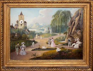 19th c French automaton clock with animated oil painting scene, five key winds, 18ﾔ x 24ﾔ, 2 figures lost