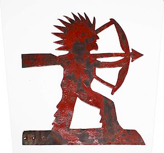 late 19th c cut out silhouette of an Indian with a bow & arrow, remnants of red enamel paint over oxidized copper plate, ht 9 1/4ﾔ
