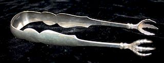 Silver chicken claw sugar tongs, probably coin silver. Hallmark D, eagle, bust facing left. Monogrammed BSR. 1.2 troy oz.