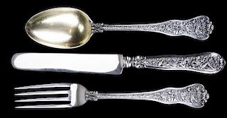 Tiffany & Co "Olympian" child's service including fork, knife and spoon. High relief, little wear. Monogrammed FAB. 3.1 troy oz. 3pcs.