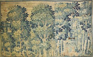 17th c Flemish verdure pieced tapestry fragment with trees, animals, building, & foliage, descending in the family of John Jacob Astor IV, 3' 5ﾔ x 5