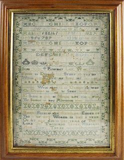 1763 sampler with Bible verse by Mary French in the 11th year of her age, including Proverbs 31:30 ﾓFavor is deceitful, and beauty is vain: but a wo