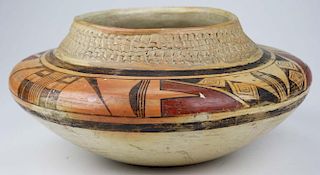 early 20th c Zuni Pueblo three color olla with coiled pattern near collar, dia 11ﾔ, ht 5.5ﾔ