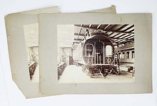 two late 19th c cabinet photos including 2 of Henry Perky's famous cylindrical rail car (Byron Atkinson's private car), 7.5ﾔ x 9.5ﾔ image size, de