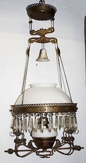 late 19th c prismed hanging lamp with brass frame, 13ﾔ shade, ht 34ﾔ