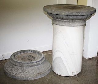 20th c massive marble plinth, three part, ht 33ﾔ, local pick-up recommended (in excess of 300 lbs), section missing from base