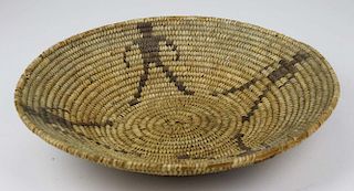 early 20th c Pima pictorial basket with human figures, dia 11.5ﾔ, ht 2ﾔ, some losses on rim wrapping