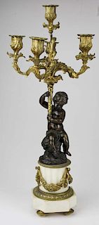 pr of French gilt brass & alabaster 6 light figural candleabra, ht 24.5ﾔ, one complete, one with a damaged arm support, missing leaf collar & three 