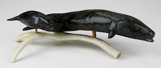 late 20th c Inuit soapstone whale group carving signed Appa Geeta (Iqaluit community)