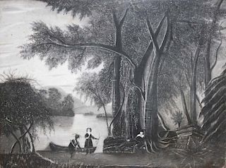 mid to late 19th c sandpaper picture of Indians with a canoe in the primordial forest, 17.5ﾔ x 22.5ﾔ
