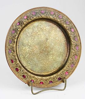 early 20th c Tiffany Studios, NY gold dore & red enamel bronze plate, dia 8 1/4ﾔ, some worn areas around outer edges