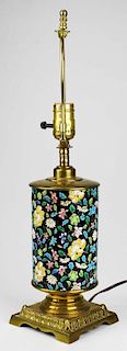 20th c French gilt brass & porcelain table lamp, ht 19ﾔ