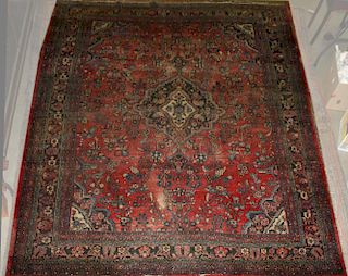 early 20th c Hamedan main carpet, uneven wear, areas of loss, 9' x 12' 4ﾔ