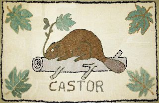 late 19th c Quebec ﾓcastorﾔ (beaver) hooked rug, 1' 10ﾔ x 2' 11ﾔ
