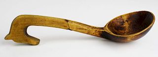 folky late 19th c carved wooden ladle with horse head handle, length 11ﾔ