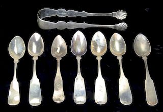 Lot of coin silver and sterling including 7 early American spoons and shell tongs marked G. W. Striker. 5.1 troy oz.