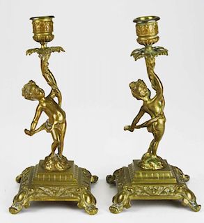 early 20th c French figural candlesticks, ht 8 1/4ﾔ