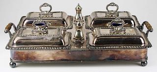 Wonderful silver-plate warming tray with 4 covered dishes, 2 cobalt lined salts with spoons, 2 peppers.