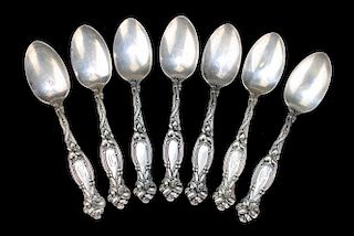 Simpson, Hall, Miller & Co "Frontenac" sterling silver teaspoons. 3 un-monogrammed, 4 monogrammed B. 5ﾾ"l. 5.7 troy oz. 7 pcs.