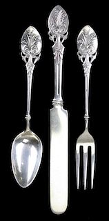 Gorham "Lily of the Valley" 1870 child's sterling silver flatware set including fork, knife, spoon. Hallmarked Gorham sterling 88. Monogrammed JCL 188