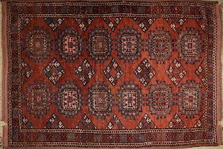 early 20th c Tekke Salor area rug with two rows of six guls each, 3' 4ﾔ x 4' 9ﾔ