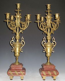 Pair of Louis XV Style Gilt Bronze and Rouge Marbl