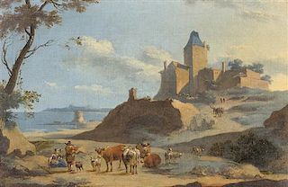 * Follower of Nicholas Berchem, (Dutch, 1620-1683), Seaside Scene with Cattle