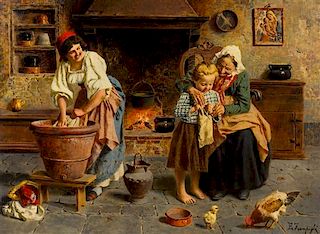 Eugenio Zampighi, (Italian, 1859-1944), Knitting Lesson
