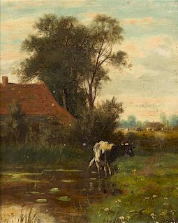 William Frederick Hulk, (British, 1852-1906), Landscape with Cow