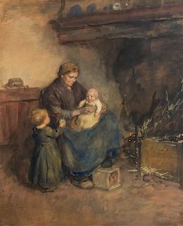 * Albert Neuhuys, (Belgian, 1895-1968), Mother with Children by Fireplace